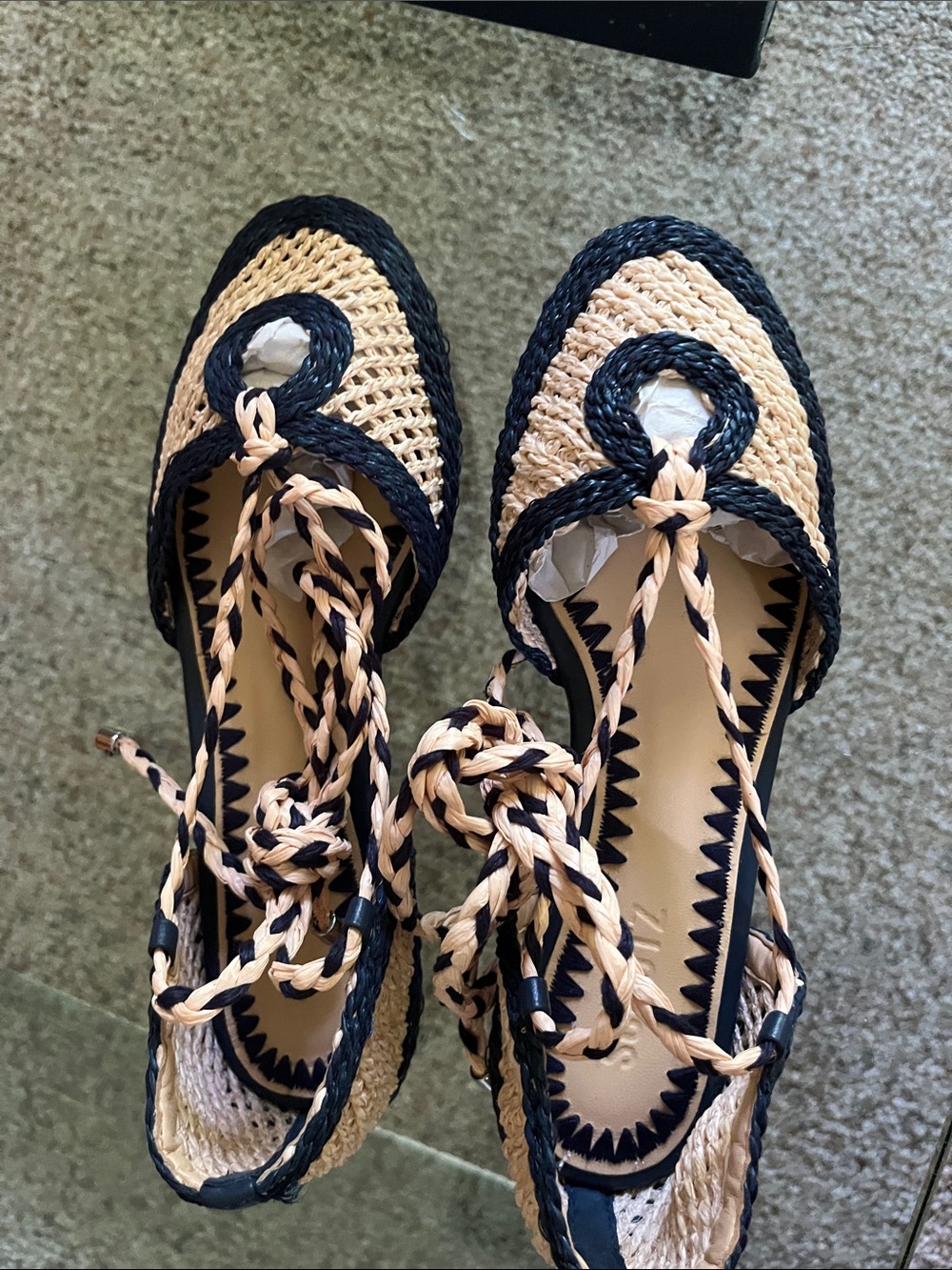 SCHUTZ Two-Tone Braided Espadrille Flats in Beige and blue